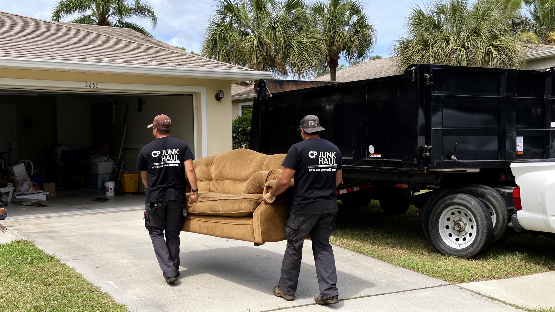 C P Junk Haul crew carrying a couch out of a Florida home
