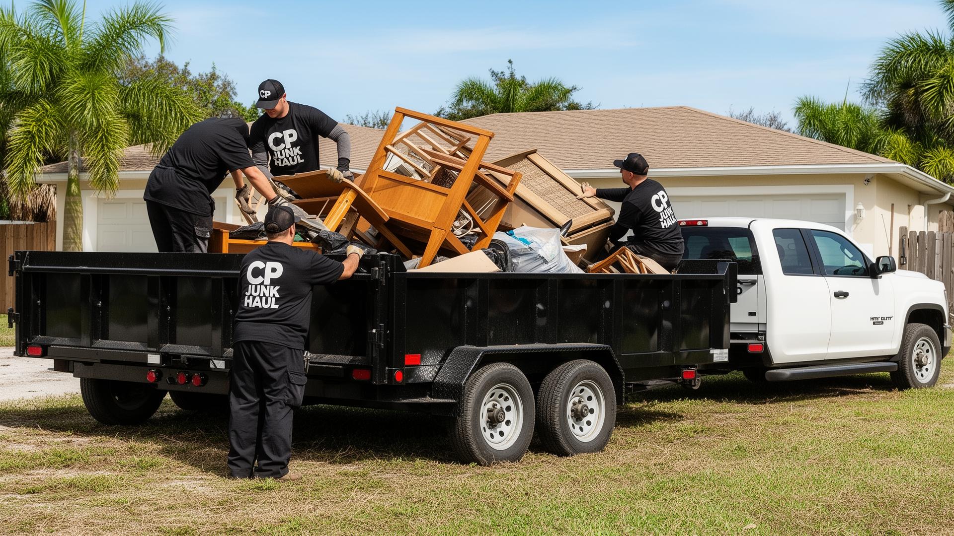 C P Junk Haul crew loading furniture into a large black dump trailer at a Florida home