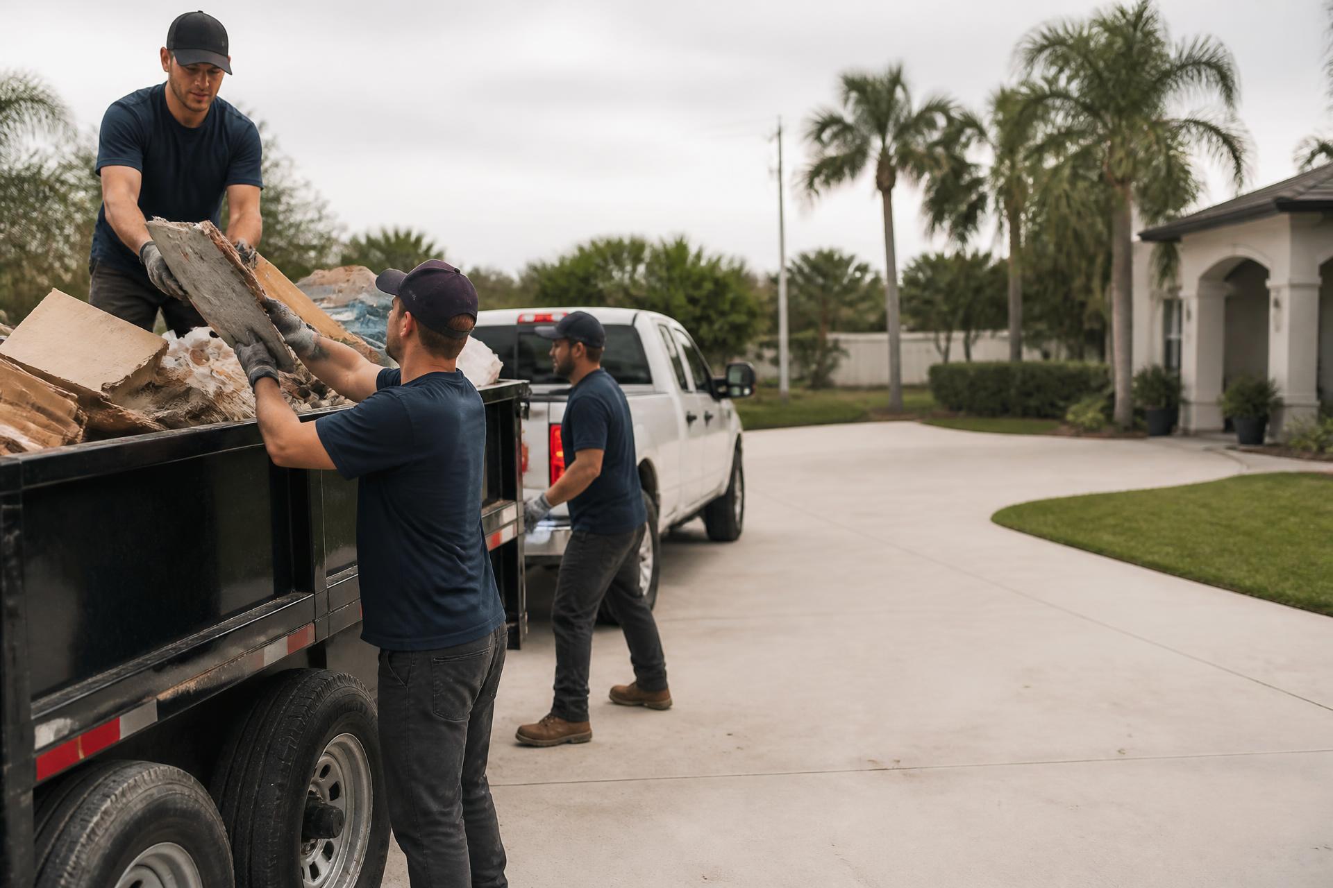 CP Property Solutions crew loading furniture into a dump trailer